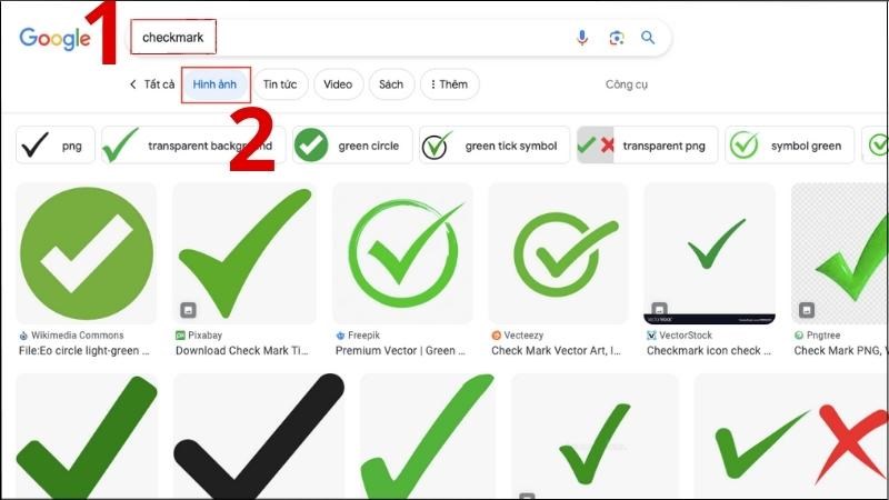 Tìm từ khoá Checkmark trên Google > Chọn thẻ Hình ảnh > Chọn Sao chép