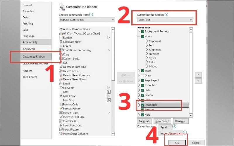 Chọn Customize Ribbon > Chọn theo hướng dẫn