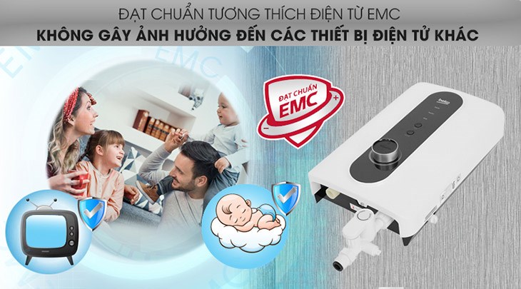 Máy nước nóng trực tiếp Beko 3500W BWI35S2D-213 đạt chuẩn EMC giảm thiểu nhiễu sóng điện từ ở các thiết bị điện, thiết bị điện tử