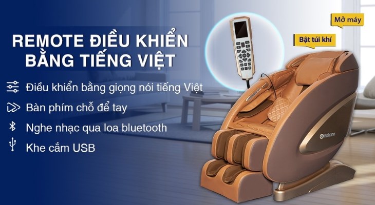Ghế massage Makano MKGM-20001 được trang bị remote đã được Việt hóa thông tin cùng các nút bấm tiện lợi 
