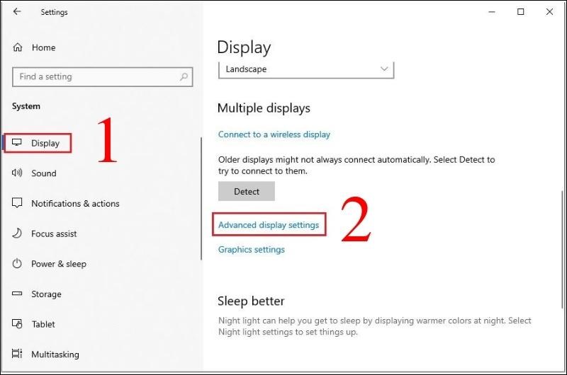 Bạn truy cập vào mục Advanced display settings trong phần Display Bạn truy cập vào mục Advanced display settings trong phần Display