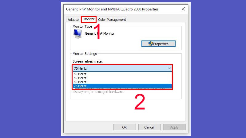 Bạn truy cập vào phần Screen refresh rate và lựa chọn tần số quét phù hợp Bạn truy cập vào phần Screen refresh rate và lựa chọn tần số quét phù hợp