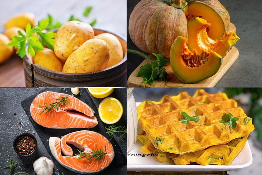 Cách làm bánh waffle cho bé bằng khoai tây, cá hồi và bí đỏ