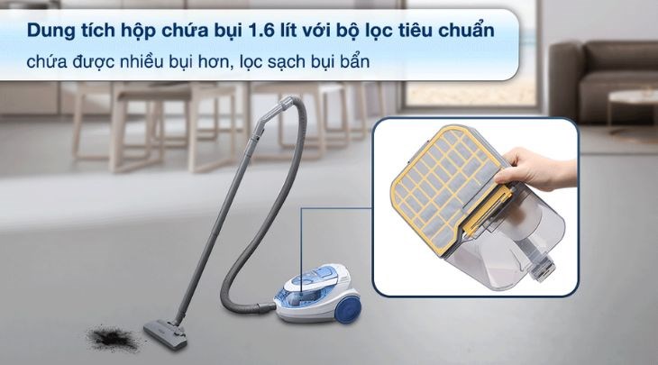 Hộp chứa bụi máy hút bụi dạng hộp CV-SH18E BL có dung tích 1.6 lít rộng rãi, đồng thời dễ dàng tháo rời cho người dùng vệ sinh