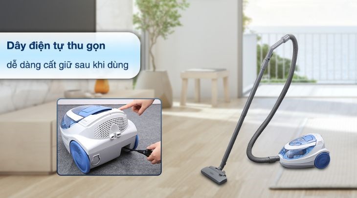 Dây điện máy hút bụi dạng hộp Hitachi CV-SH18E BL tự thu gọn giúp bạn cất giữ máy gọn gàng