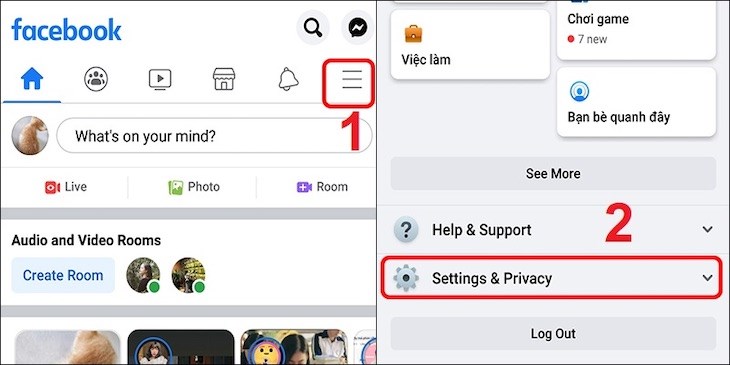 Nhấn vào biểu tượng 3 dấu gạch ngang (Menu) > chọn Settings & Privacy (Cài đặt & Quyền riêng tư)