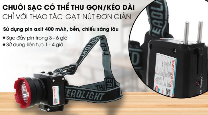 Đèn pin sạc đội đầu Sunhouse SHE-5012 có thể sử dụng liên tục 1 - 4 giờ tùy theo mức chiếu sáng mạnh/thấp