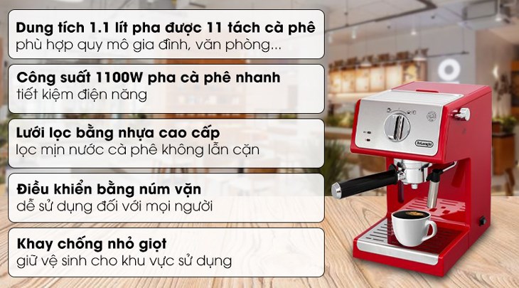 Máy pha cà phê Delonghi ECP33.21.R được bán với giá 7.236.000 đồng (cập nhật 08/2023 và có thể thay đổi theo thời gian)