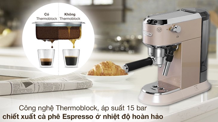 Công nghệ Thermoblock trên máy pha cà phê Delonghi EC785.BG giúp gia nhiệt chuẩn, đem đến cho bạn tách cà phê có hương vị đạt chuẩn