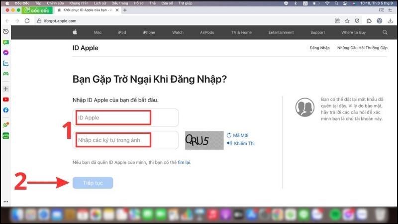 Nhập ID Apple và các ký tự trong ảnh > Nhấn vào Tiếp tục