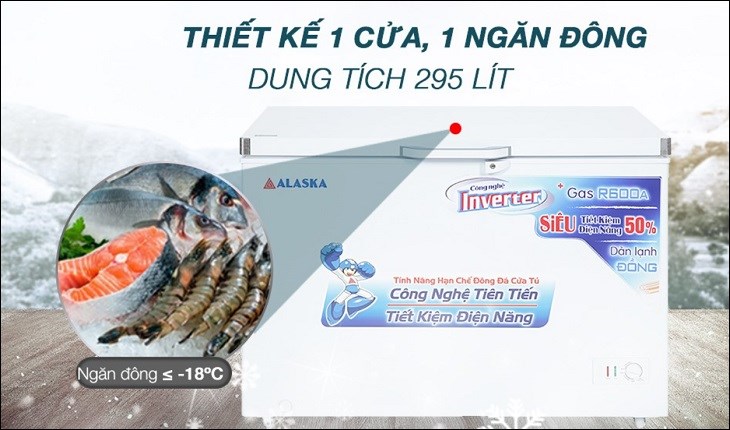 Tủ đông Alaska Inverter 295 lít BD 400CI được thiết kế dung tích 295 lít, đáp ứng khả năng bảo quản lượng lớn thực phẩm cho hộ kinh doanh quy mô nhỏ và vừa