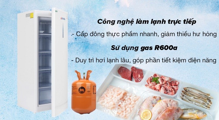 Tủ đông đứng Alaska 215 lít DF-217 trang bị công nghệ làm lạnh trực tiếp và sử dụng gas R600s cho hiệu suất làm lạnh nhanh, ổn định và tiết kiệm điện hiệu quả