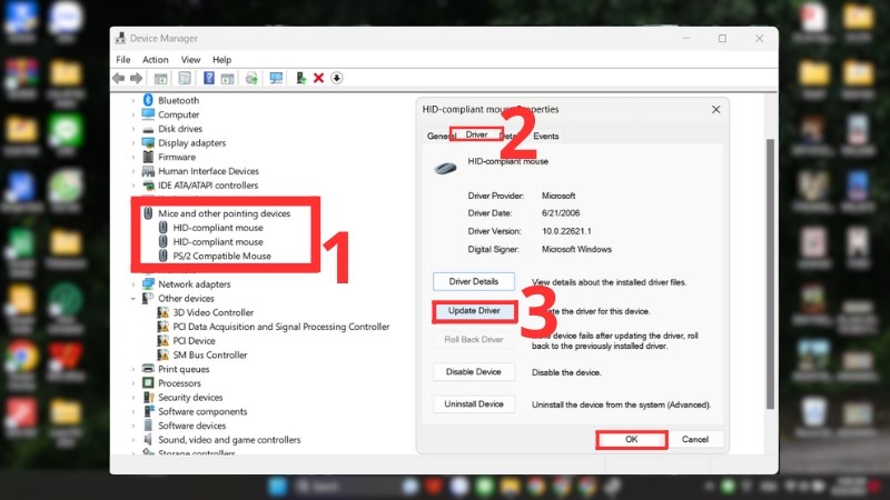 Chọn Mice and other pointing devices > Properties > Driver > Update
