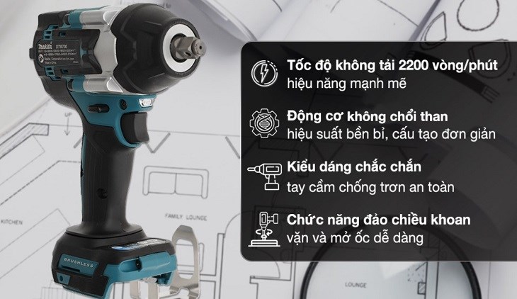 Máy siết bu lông pin Makita DTW700Z 18V cho tốc độ bắt và tháo bu lông nhanh chóng với tốc độ không tải 2200 vòng/phút