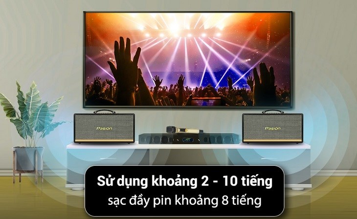 Loa karaoke xách tay PASION 2 400W có thời gian sử dụng đến 10 tiếng và thời gian sạc khoảng 8 tiếng