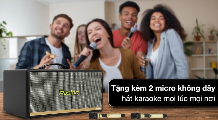 Loa karaoke xách tay PASION 2c 400W được tặng kèm 2 micro giúp bạn hát karaoke cùng bạn bè, người thân dễ dàng hơn