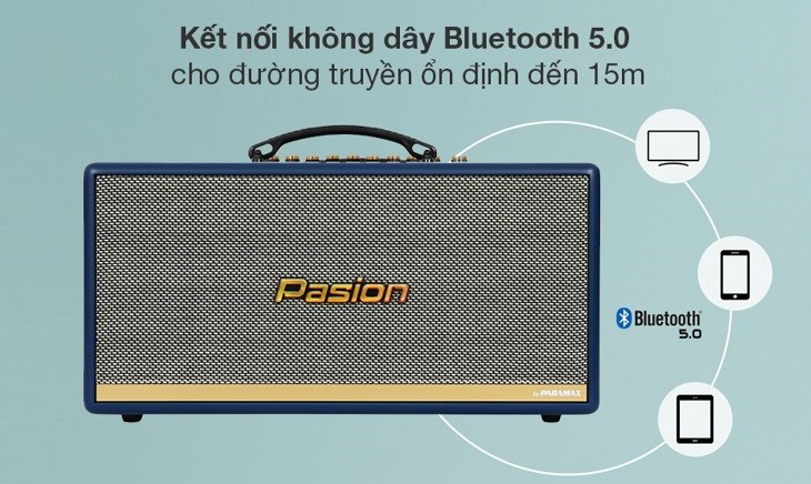 Loa karaoke xách tay PASION 2c Blue 400W có khả năng kết nối Bluetooth với nhiều thiết bị khác, khoảng cách hỗ trợ đến 15m