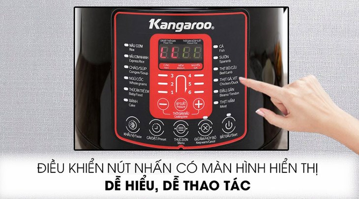 Nồi áp suất Kangaroo KG6P2 6 lít sử dụng bảng điều khiển nút nhấn có màn hình Led hiển thị, dễ dùng với tiếng Việt đi kèm