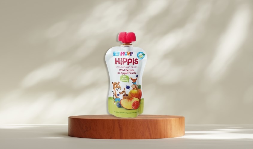 Dinh dưỡng trái cây nghiền HiPPiS dâu rừng, táo và đào túi 100g (từ 4 tháng)