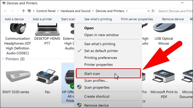 Tại mục Printers, bạn chọn Start scan ở phần máy in của bạn
