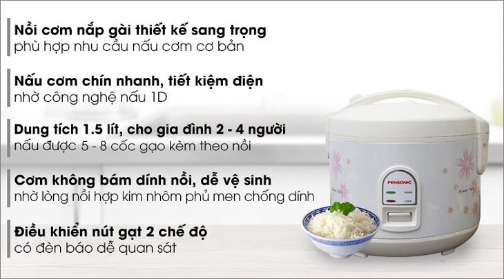 Nồi cơm điện Pensonic 1.5 lít PSR 1501 được bán với giá 400.000 đồng (cập nhật 08/2023 và có thể thay đổi theo thời gian)