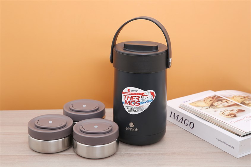 Bình đựng thức ăn giữ nhiệt inox 1500 ml Elmich EL3129 với 3 ngăn tiện lợi, đựng được nhiều món ăn khác nhau