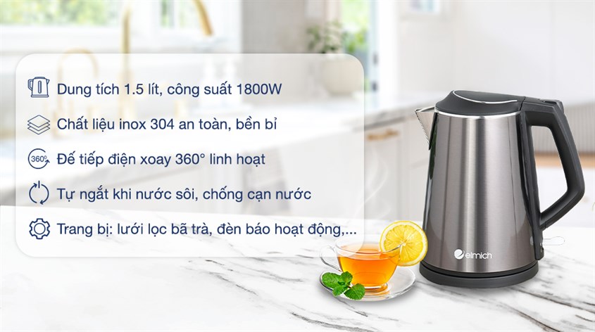 Bình đun siêu tốc Elmich 1.5 lít KEE-1785 với kiểu dáng hiện đại sở hữu nhiều tính năng hữu ích đến từ nhà Elmich