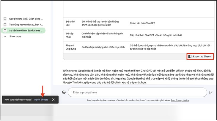 Google Bard AI xuất nội dung truy vấn dạng bảng sang Google Sheet