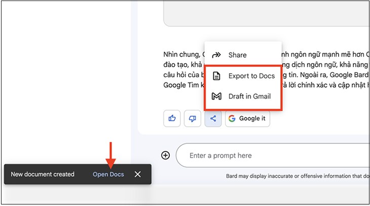 Google Bard AI xuất nội dung truy vấn dạng bảng sang dạng Docs hoặc Gmail