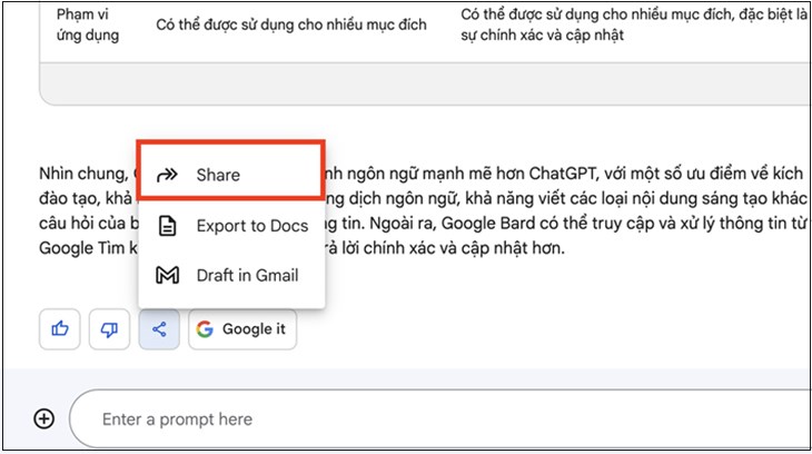 Google Bard có thể chia sẻ câu trả lời truy vấn khi chọn vào mục Chia sẻ