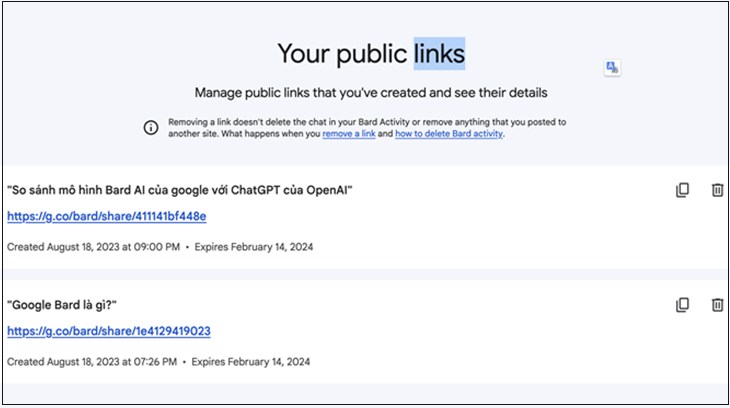 Quản lý nội dung đã truy vấn trên Google Bard AI