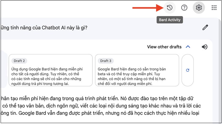 Chọn vào biểu tượng lịch sử tại Google Bard AI