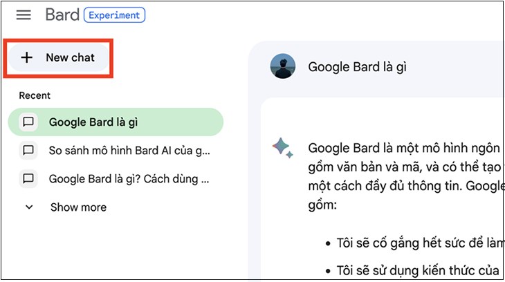 Cách tạo cuộc hội thoại mới khác với hội thoại ban đầu trên Google Bard AI