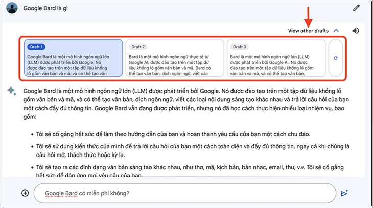 Bạn có thể chọn nhiều bản thảo câu trả lời khác nhau từ Google Bard AI