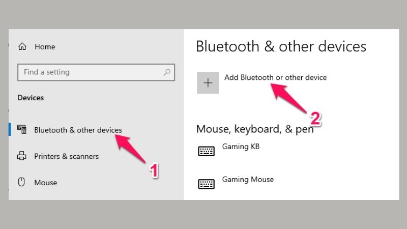 Bạn nhấp vào Add Bluetooth or other device trong mục Settings 