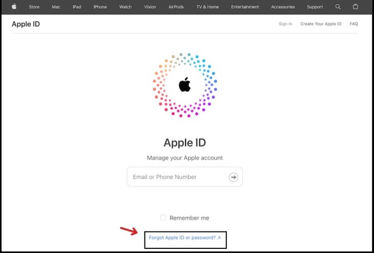 Truy cập vào website của Apple > chọn tiếp vào mục Forgot Apple ID or password?
