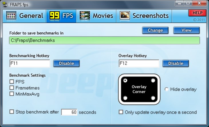 FRAPS được trang bị một tab mà người dùng có thể điều chỉnh góc màn hình 