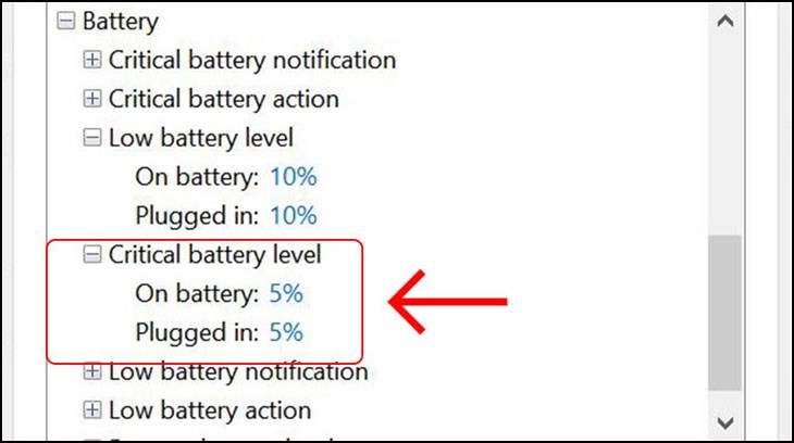 Chỉnh lại On Battery và Plugged In ở mức 5%