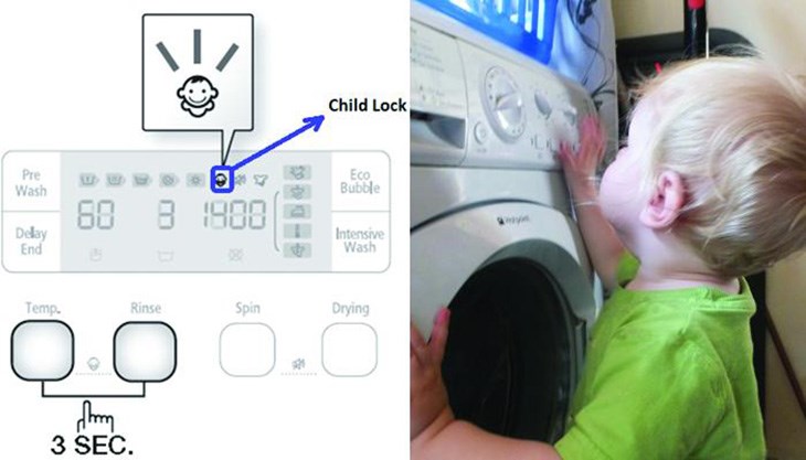 Máy giặt đang bật chức năng khóa trẻ em nên không thể tùy chỉnh các chức năng trên bảng điều khiển