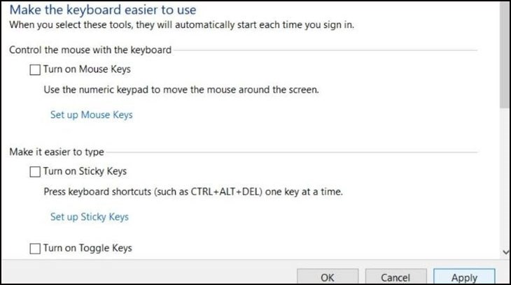 Muốn tắt Sticky Keys bạn hãy quay lại cửa sổ trước và bỏ chọn “Turn on Sticky Keys”