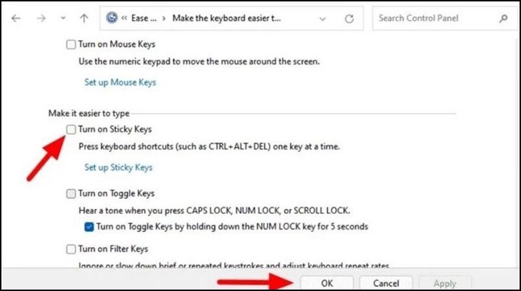 Bỏ tick ở trong ô Turn on Sticky Keys