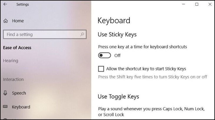 Bạn chỉ cần tắt công tắc bên dưới Use Sticky Keys, để tắt Stickykeys Win 10