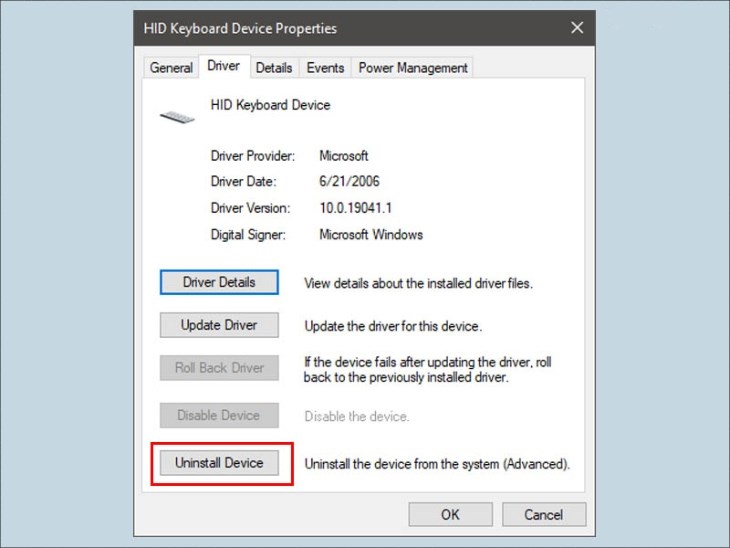 Bạn chọn Uninstall Device để reset bàn phím