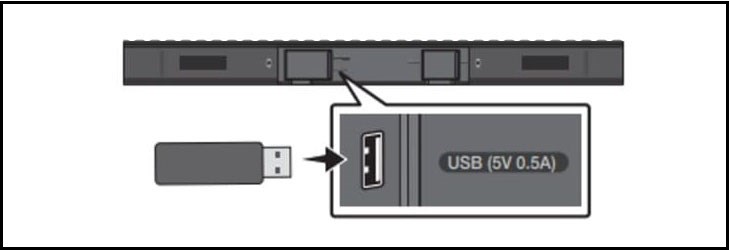 Tắt loa thanh và cắm USB chứa bản cập nhật phần mềm vào cổng USB trên loa