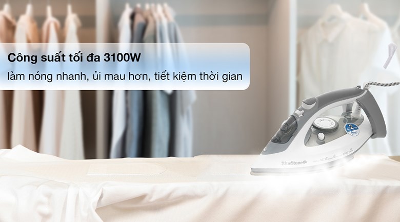 Bàn ủi hơi nước BlueStone SIB-3836 với công suất tối đa đạt 3100W cho khả năng làm phẳng quần áo nhanh chóng, tiết kiệm được thời gian khi sử dụng Bàn ủi hơi nước BlueStone SIB-3836 với công suất tối đa đạt 3100W cho khả năng làm phẳng quần áo nhanh chóng, tiết kiệm được thời gian khi sử dụng