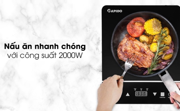 Bếp từ Rapido RI2000ES hoạt động với công suất 2000W, giúp nấu ăn nhanh chóng
