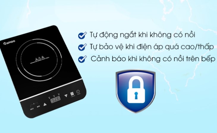 Bếp từ Rapido RI2000ES sở hữu nhiều tiện ích an toàn giúp bảo vệ người dùng trong quá trình sử dụng