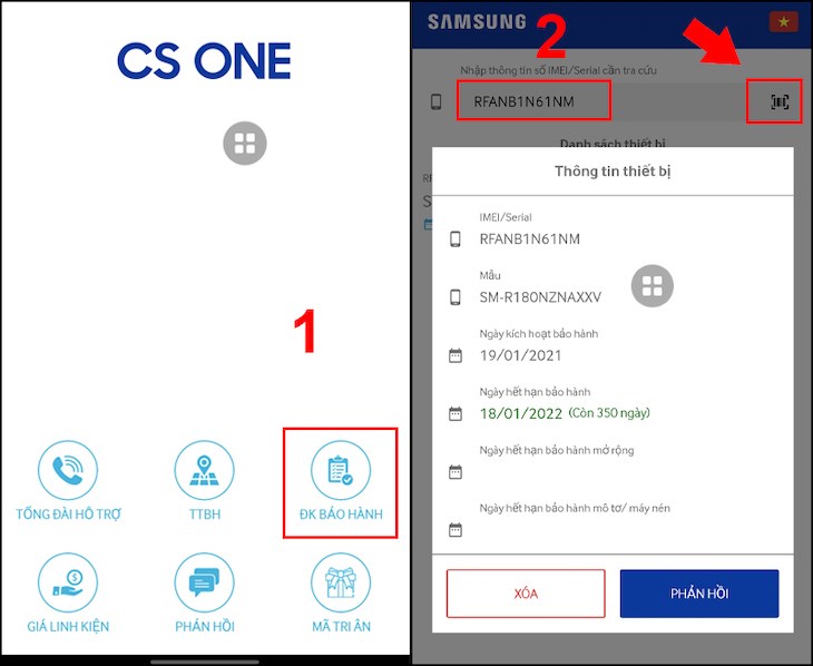 Thao tác kiểm tra bảo hành tai nghe Samsung qua ứng dụng CS One