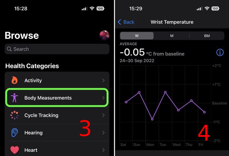 Bạn bấm vào mục Số đo cơ thể rồi bấm tiếp vào nhiệt độ cổ tay để theo dõi
