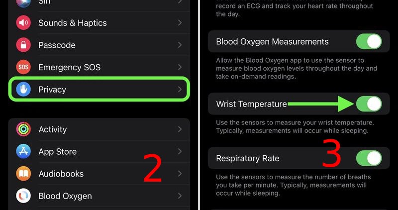 Bạn truy cập vào Quyền riêng tư và tắt công tắt ở mục Nhiệt độ cổ tay